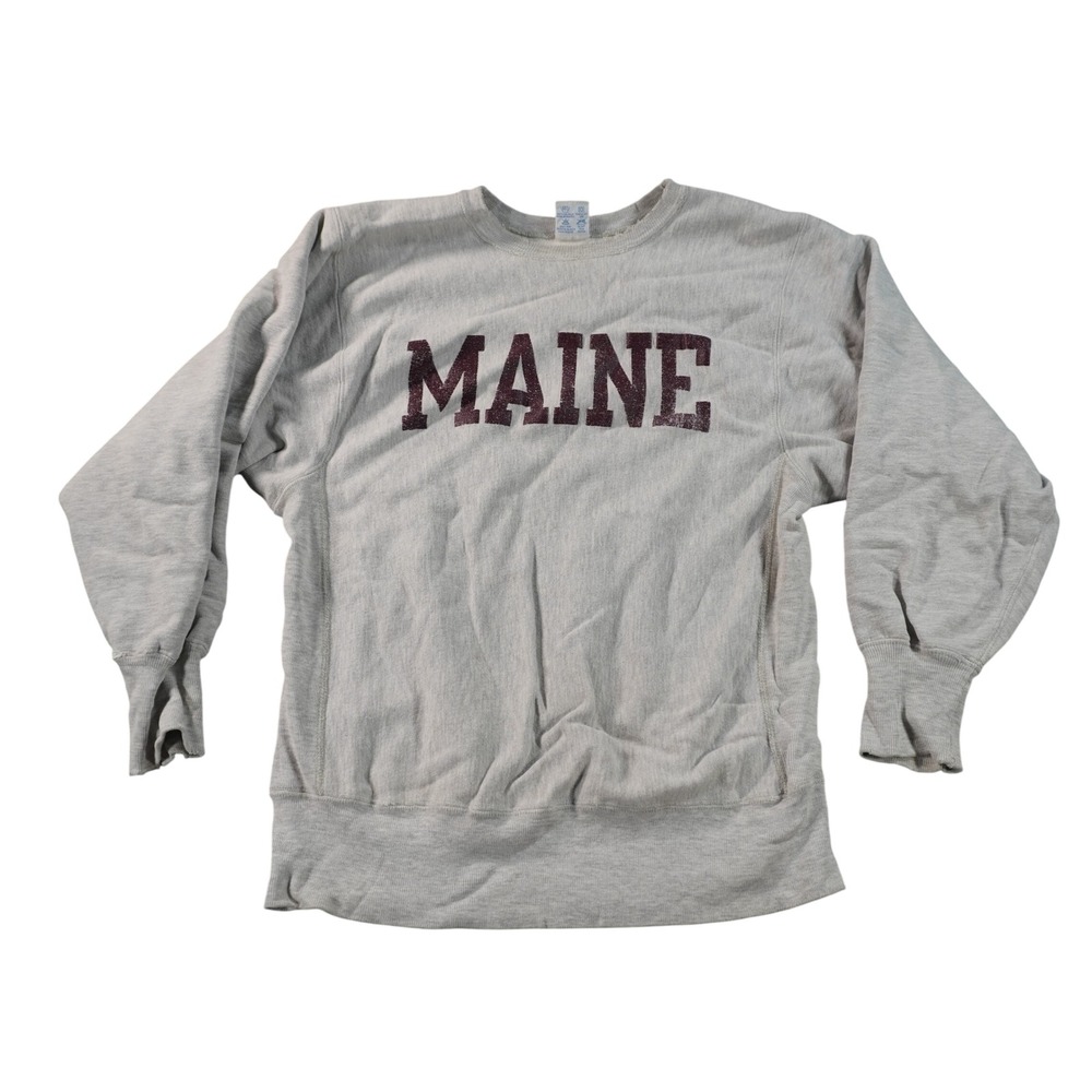 Vintage Champion Reverse Weave Maine Sweatshirt Mens Large Gray Distressed USA